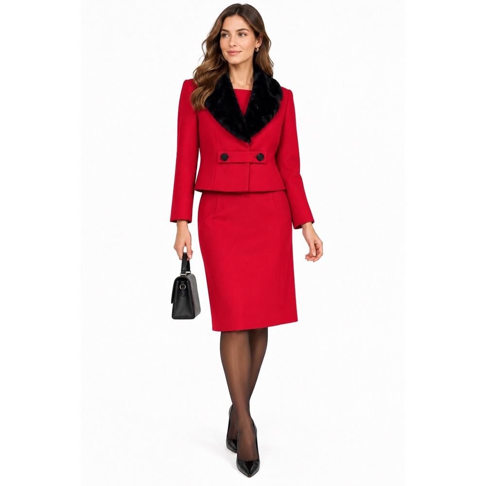 Vintage Bramson Red Wool Skirt 3 Piece Suit Black Faux Fur Collar Top Jacket Set